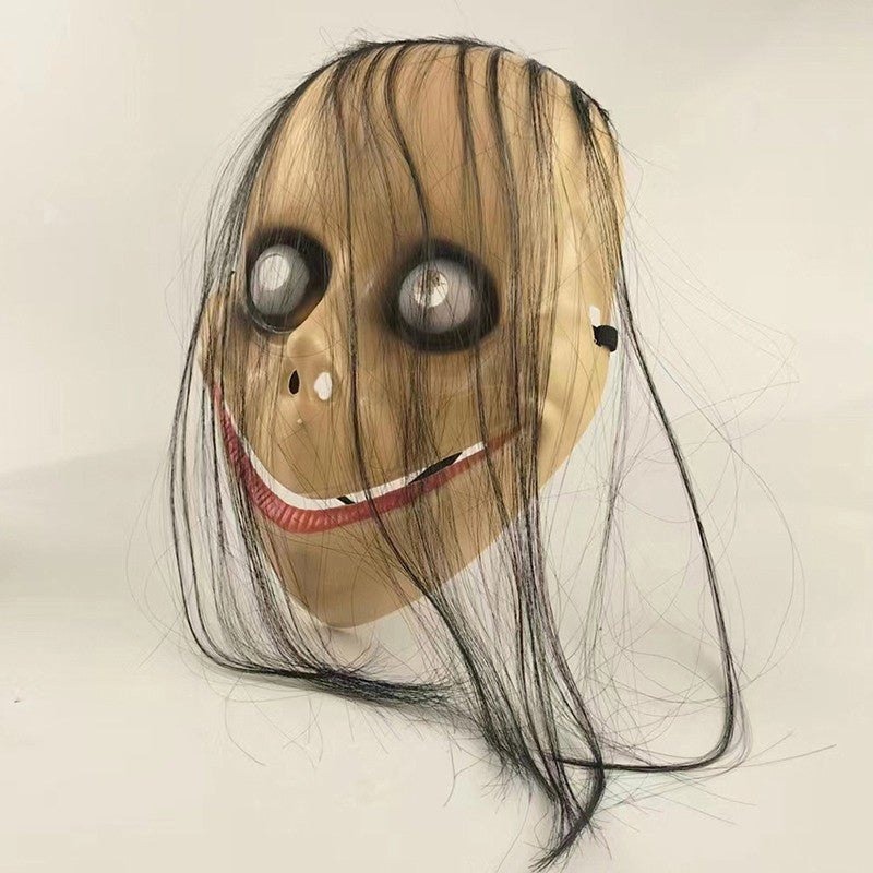 Halloween MO MO Mask With Long Hair Big Eyes Funny Mask Horror Ghost Party Costume Props V-shaped Mouth Mask Halloween Cosplay