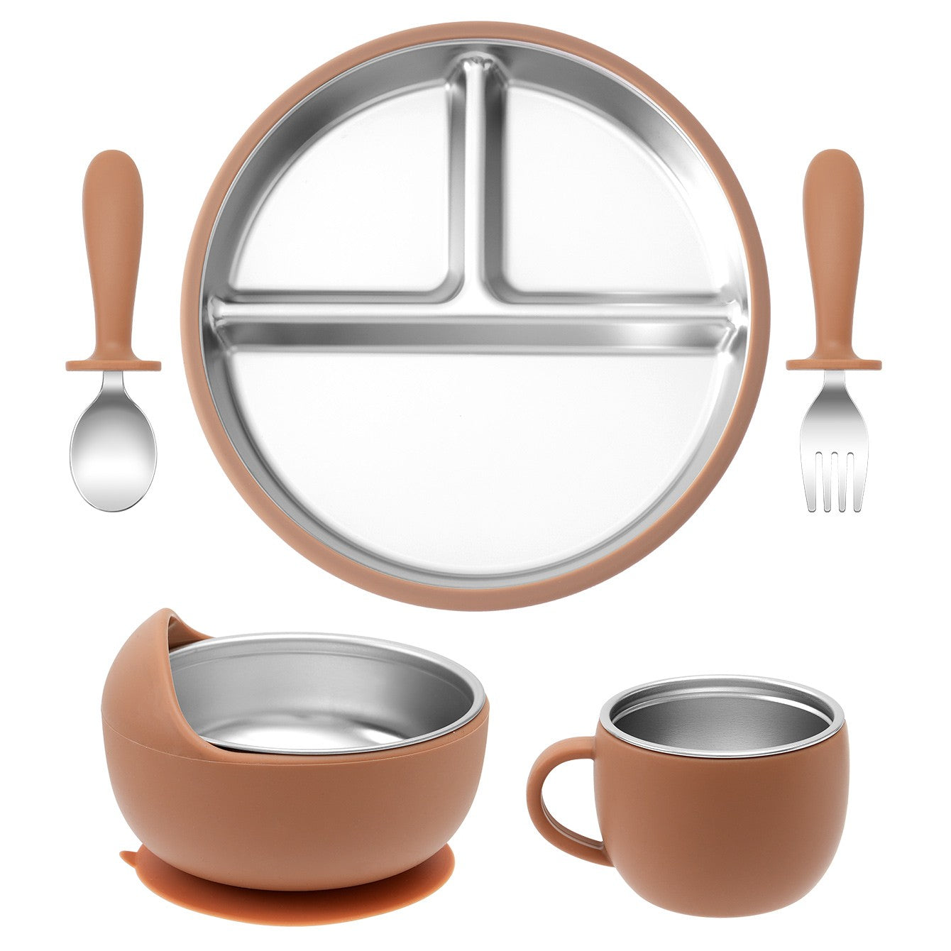 5PCS Stainless Steel Dishes Plate Baby Feeding Set With Detachable Silicone Sucker Bowl BPA Free Infant Fork Spoon Cup Gifts