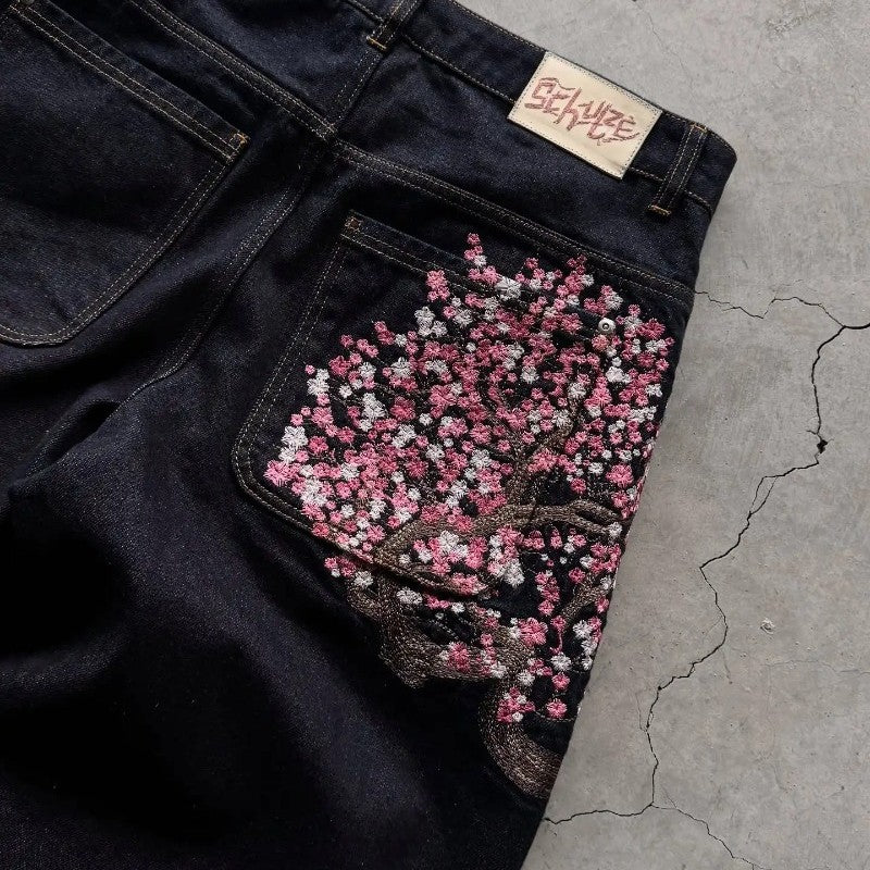Y2K Baggy jeans Cherry Blossom Selvedge Embroidery Denim Pants men women denim fabric American Hiphop Streetwear Wide Leg Jeans