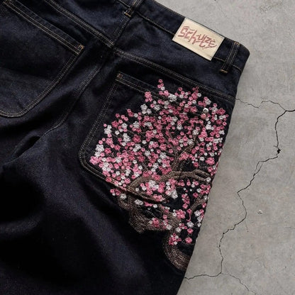 Y2K Baggy jeans Cherry Blossom Selvedge Embroidery Denim Pants men women denim fabric American Hiphop Streetwear Wide Leg Jeans