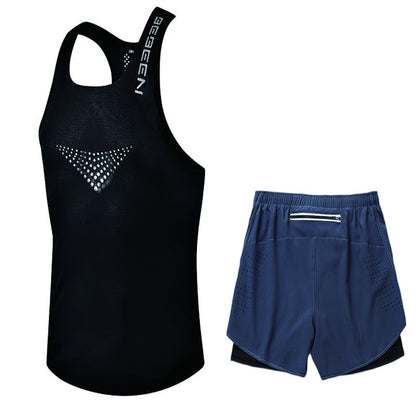 Men's running vest and shorts set with mesh design: breathable, comfortable, quick-drying, a two-piece suit for sports and fitne