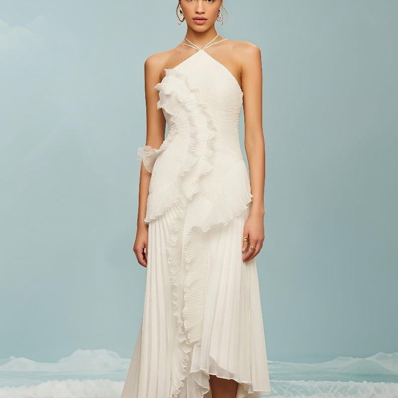 Chic pleated halter neck long vacation dress high quality purple strapless Lotus Edge Maxi Dress 2025 New Lady Vacation Gowns