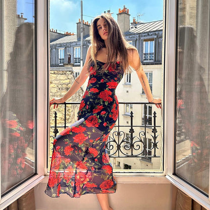 Flowers Print Spaghetti Strap Dresses Women Temperament Package Hip Bodycon Long