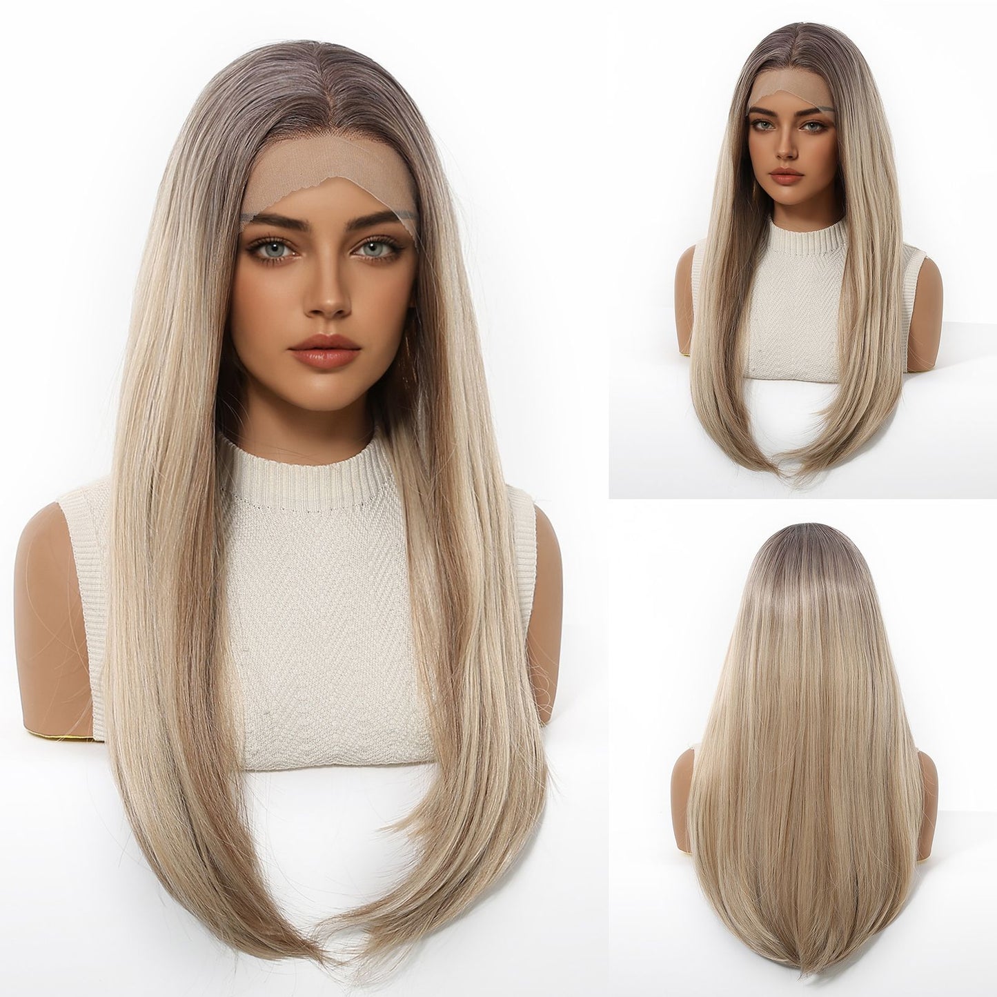 HENRY MARGU Perucas Sintéticas Front Lace 13x4 Cabelo Liso Sedoso Longo Peruca Marrom Escuro para Mulheres 55 cm Resistente ao Calor Uso Diário