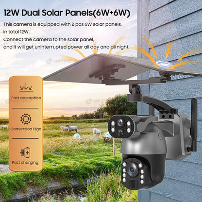 50XZOOM Solar Camera 4G SIM/WiFi Dual Lens Outdoor Security Camera with Night Vision,Waterproof Wireless Surveillance for Garden