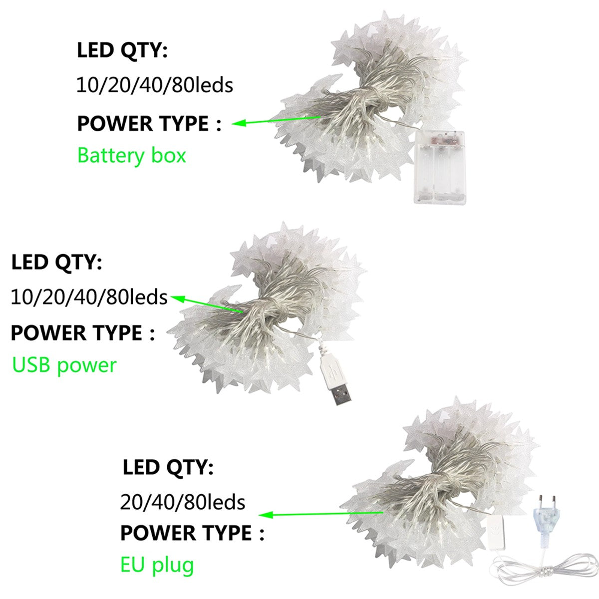 LED Star Fairy Lights Chain Battery/USB Powered String Lights Garland For Party Home Wedding Terrace Garden Christmas Decoration