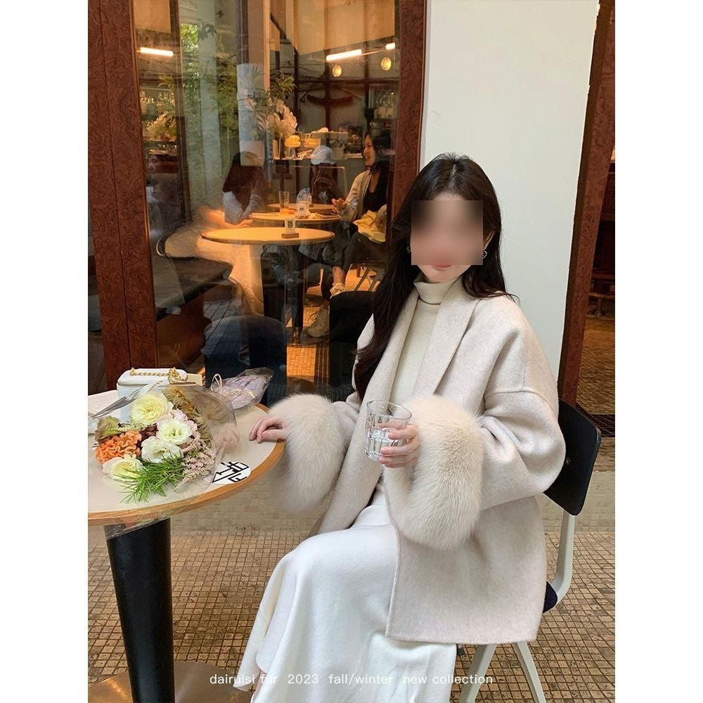 Fox-wool Double-faced Tweed Charming Fur Coat Fashionable Mid-length