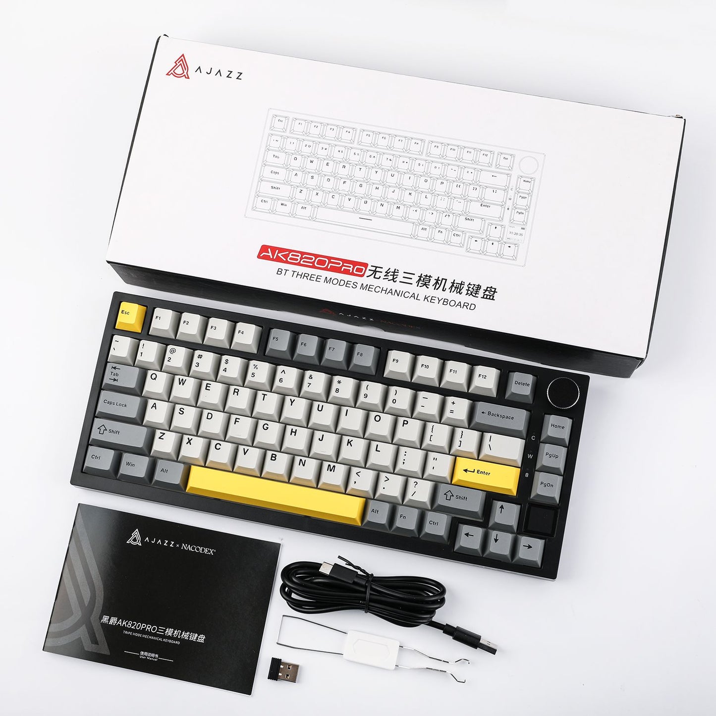 Teclado Gamer Ajazz AK820 Pro com Chave Magnética, Montagem Gasket, Bluetooth 5.1/Wireless 2.4G/USB-C com Fio, Tela TFT, para Mac/Windows