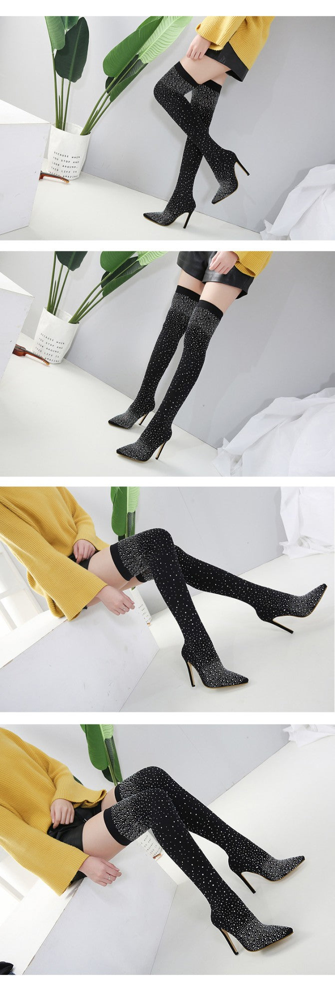 Aneikeh Sexy High Heels Sock Over-the-Knee Boots Pointed Toe Design Crystal Rhinestone Stretch Fabric Pole Dancing Women Shoes