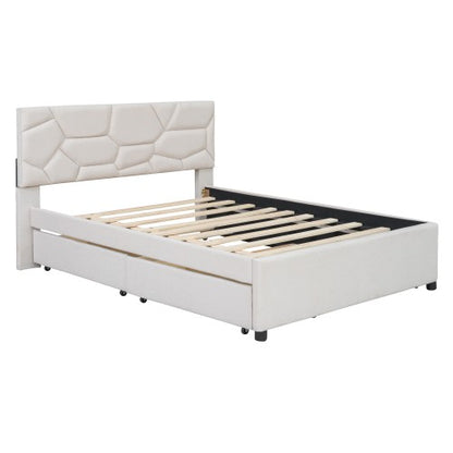 Full Size Upholstered Platform Bed , with Twin Size Trundle and 2 Drawers, Linen Fabric, Beige