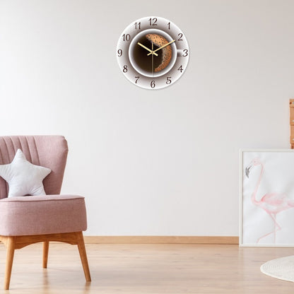 A Modern American Coffee Cup Pattern 4mm Thickeneded Tempered Glass Wall Clock Living Room Bedroom Kitchen Home Decoration Wall Clock Silent Quartz Clock Holiday Gift 12 Inches 14 Inches 16inch (Without Battery)