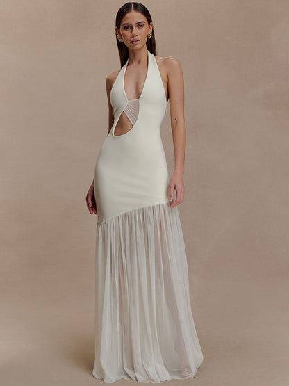 Mozision Hollow Out Halter Backless Sexy Maxi Dress Women Gown Elegant Patchwork V Neck Sleeveless Bodycon Club Party Long Dress