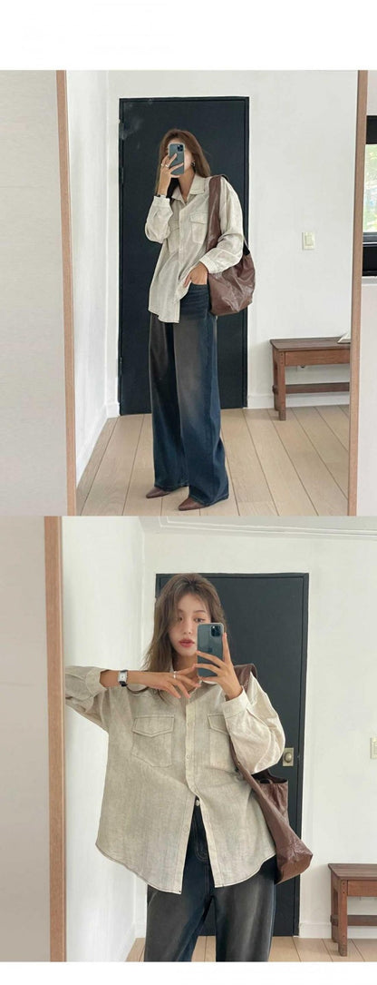 Loose Long Sleeve Casual Denim Shirt Korean Style Loose Fit Shoulder Casual Shirt Pure Color Shirt City Style Commute Shirt