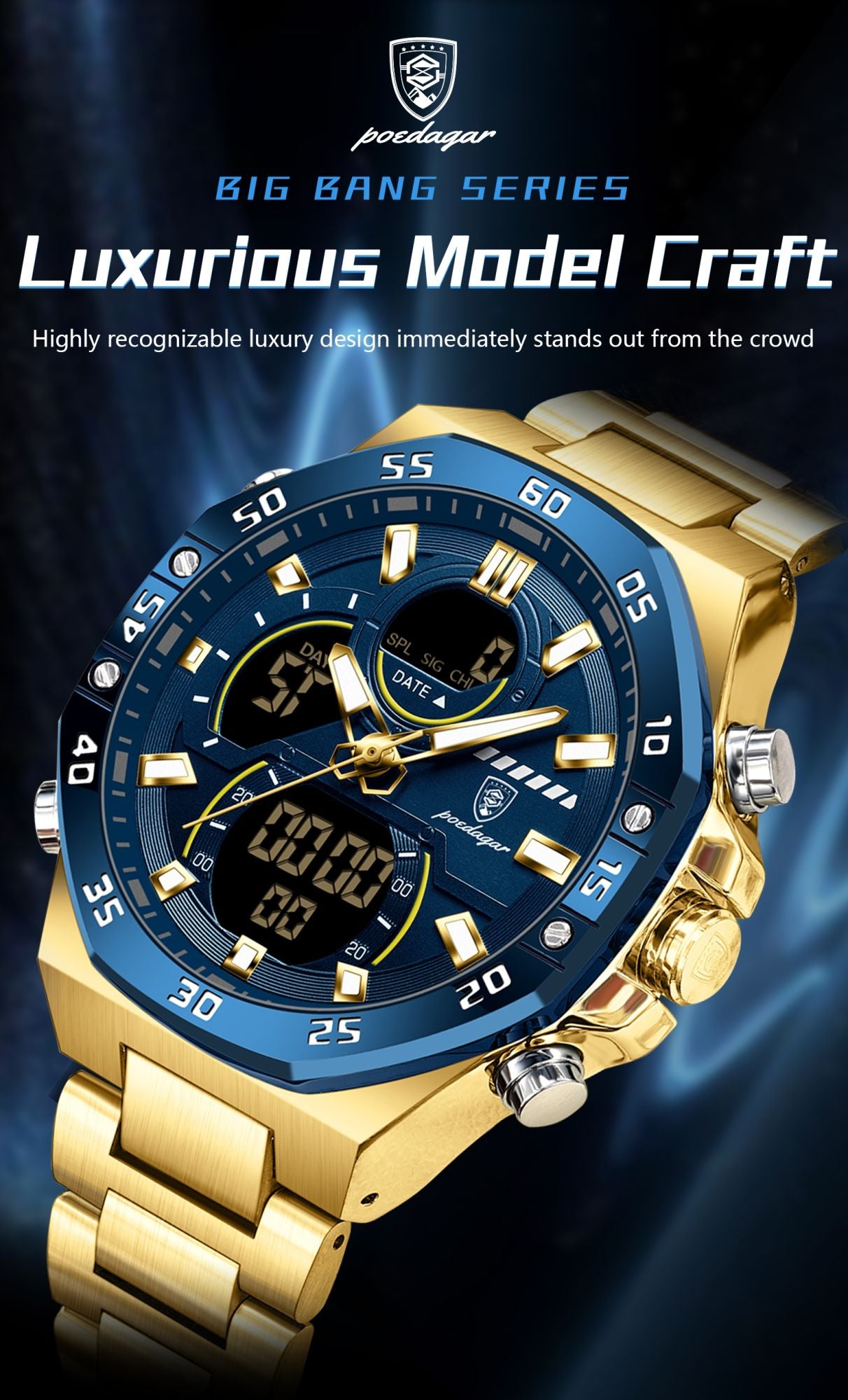 POEDAGAR Top Sport Men Clock LED Luminous Waterproof Week Date Man Watch Electronic Stainless Steel Fashion Quartz Men's Watches