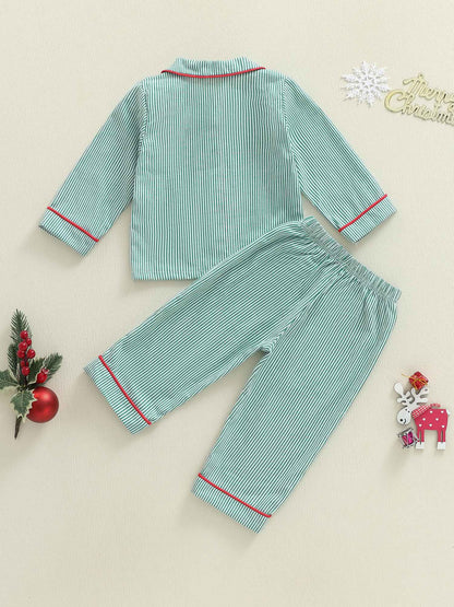 Toddler Baby Christmas Striped Pajamas Sets Santa Embroidery Long Sleeve Tops with Pants 2Pcs Sleepwear