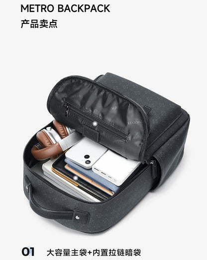 Septwolves Luxury Leather Backpack for Men Monogram Printed Stylish Laptop Backpack 15 Inch Travel Bag Black Business Backpack