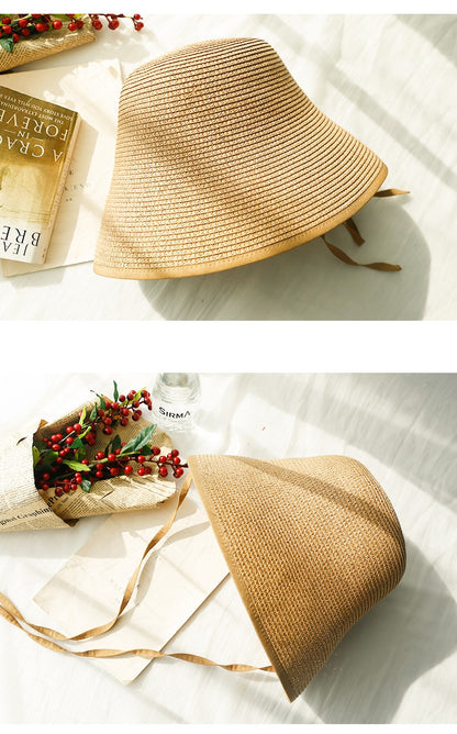 Chapéus de Sol de Festa Femininos FS Fashion Straw Regency Bonnets Hats para Mulheres Chapéu de Praia com Laço e Aba Grande Chapéu Cloche Fedora Chapeau Femme