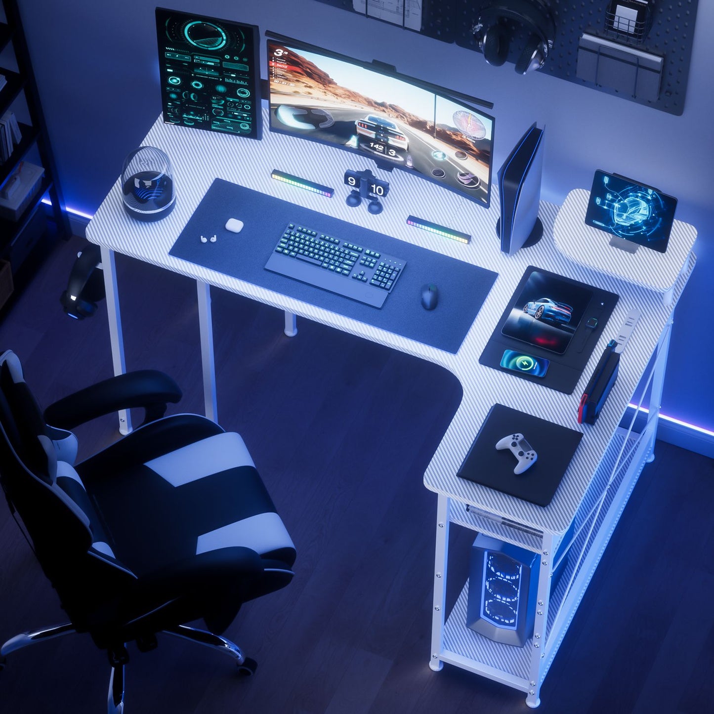 Mesa Gamer em L com Gavetas, Mesa de Computador em Fibra de Carbono com Suporte para Monitor, Mesa Gamer para Escritório Doméstico