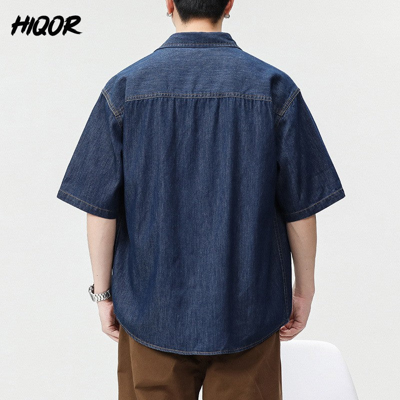 2025 Summer New Men's Casual Loose Shirt Polo Neck Short Sleeve Single Breasted Shirts Men's Vintage Solid Cargo Jeans  Tops
