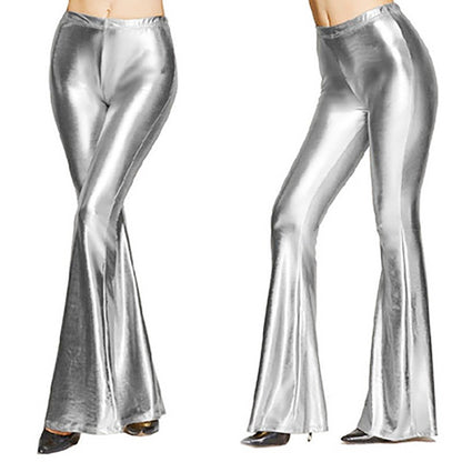 Women Shiny Flare Trousers Laser Metallic Wetlook Ruffle Wide Leg Pants Retro 70s Disco Hippie Club Trousers Skinny Bell Bottoms