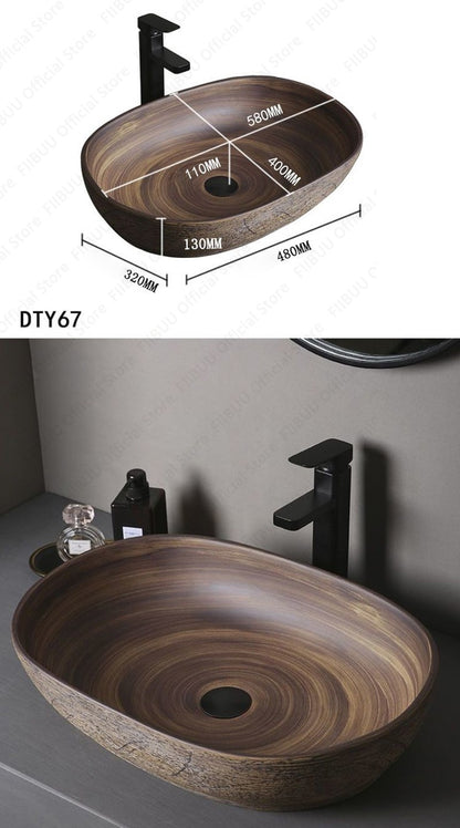 Cuba de Cerâmica Marrom para Lavatório de Banheiro Oval Artística para Mesa de Banheiro, Bacia de Lavar Roupa para Varanda, Bacia de Pedestal Acima do Balcão