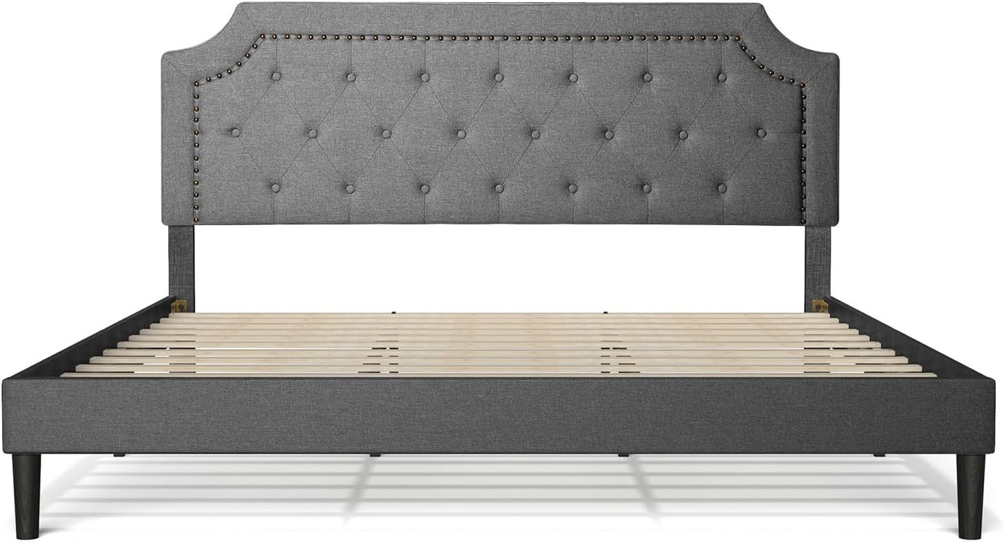 Full Size Grey Color Bed Frame Upholstered Low Profile Traditional Platform with Tufted and Nail Headboard/No Box Spring