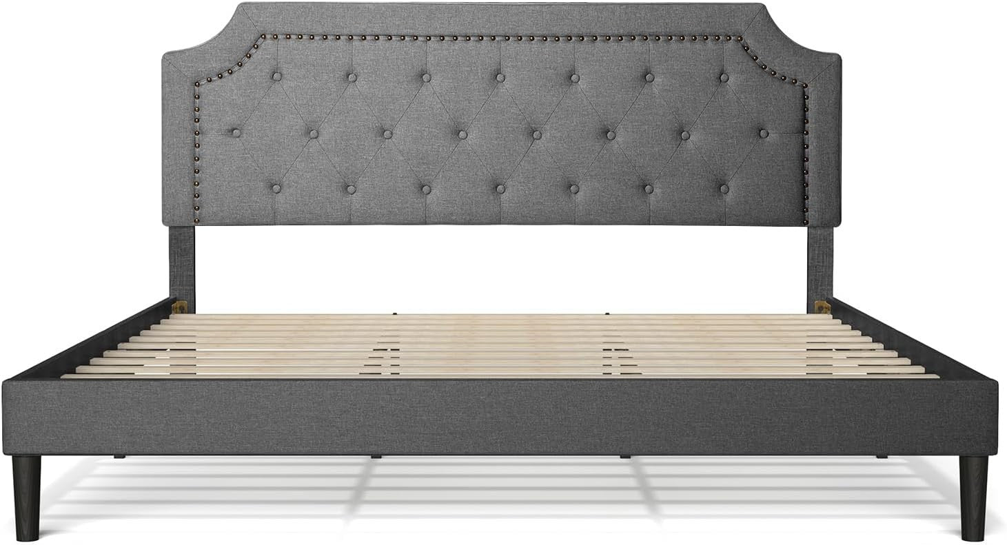 Full Size Grey Color Bed Frame Upholstered Low Profile Traditional Platform with Tufted and Nail Headboard/No Box Spring