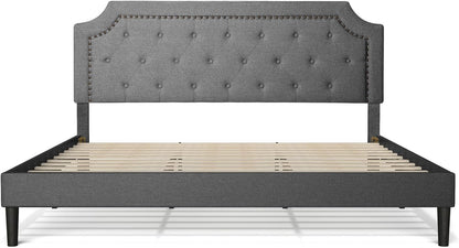 Full Size Grey Color Bed Frame Upholstered Low Profile Traditional Platform with Tufted and Nail Headboard/No Box Spring