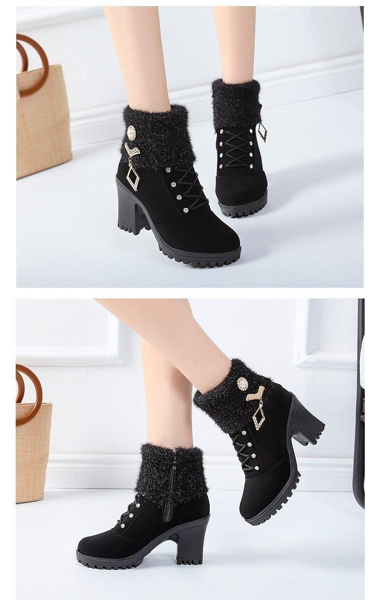 Women's Designer High Heels Shoes 2023 Winter New Warm Non-slip Block Cow Suede Warm Snow Boots Fashion Crystal Plush Goth Botas