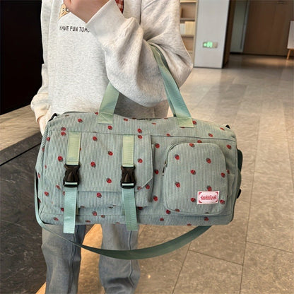 Large Capacity Travel Duffel Bag with Strawberry Pattern, Wet/Dry Separation, Independent Shoe Compartment & Multiple Pockets