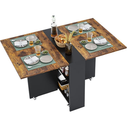 Folding Dining Table with 6 Wheels, Drop Leaf Tables for Small Spaces, Foldable Dining Table with 2-Layer Storage Rack