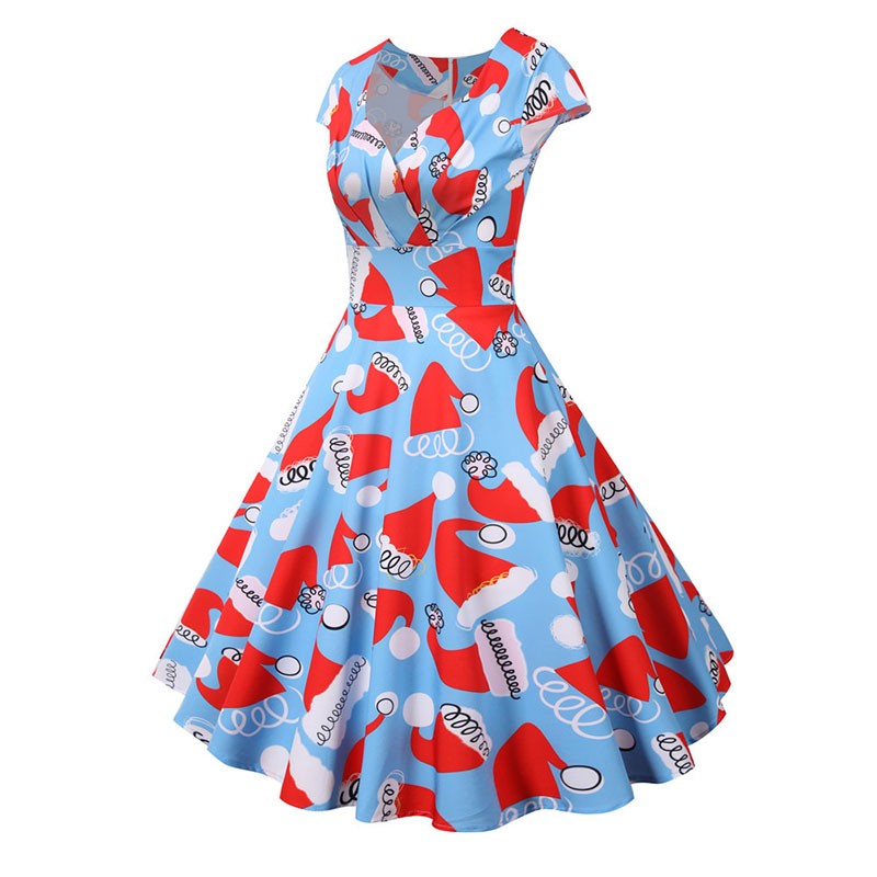 Fashion V-neck Short Sleeve Printed Christmas Dress Large Swing Vintage Elegant Xmas Party Dress