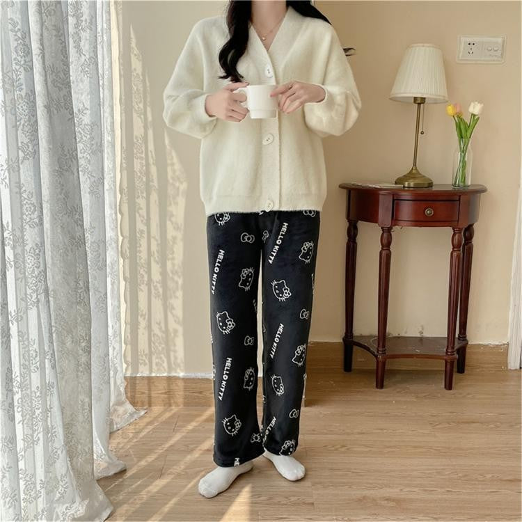 Anime Stitch Plush Pajama Pants Sanrio Kawaii Hello Kitty Cute Women Winter Warm Student Sleeping Pants Loose Casual Home Pants