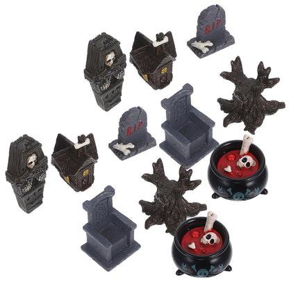 12pcs Mini Resin Figures Spooky Graveyard Decorations Miniature Tombstones Coffin Props For Indoor Outdoor Halloween Party