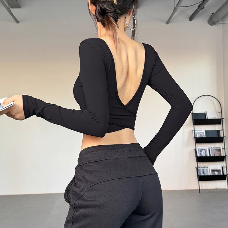 All-in-one deep V open back sexy sports top running training yoga wear slim fit slim casual fitness long sleeves