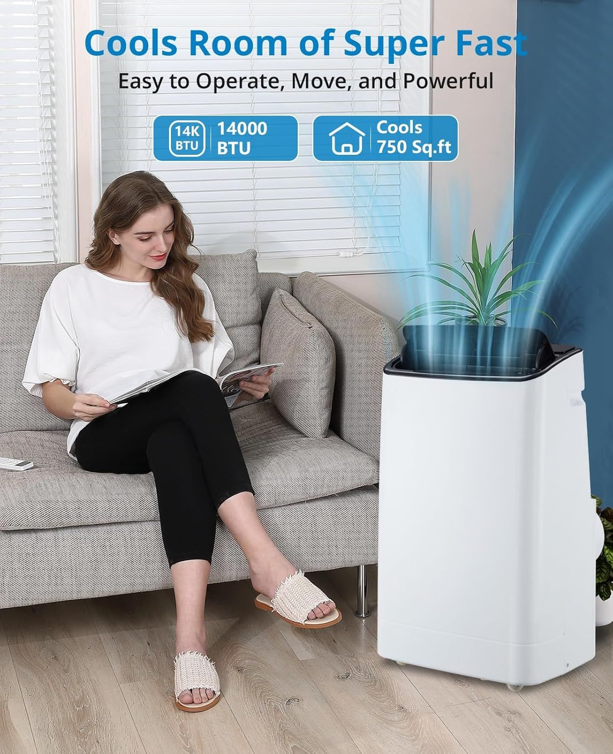 Ar-condicionado portátil, Unidade de AC portátil de 14.000 BTUs 3 em 1: Resfriamento, Desumidificador e Ventilador, Ar-condicionado portátil de pé