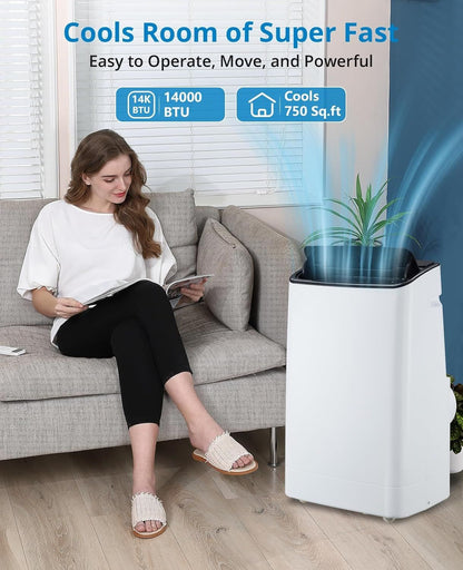 Ar-condicionado portátil, Unidade de AC portátil de 14.000 BTUs 3 em 1: Resfriamento, Desumidificador e Ventilador, Ar-condicionado portátil de pé