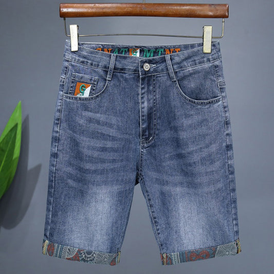 Summer New Men's Embroidered Denim Shorts Fashion Straight Slim Personality Streetwear Jeans Male Bermuda Male Short Pants