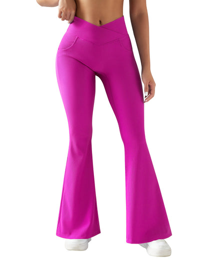 Women Ribbed Crossover Flare Leggings V Waist Slim Fit Yoga Pants with Pockets Workout Fitness Yoga Pants Flared Pants Female