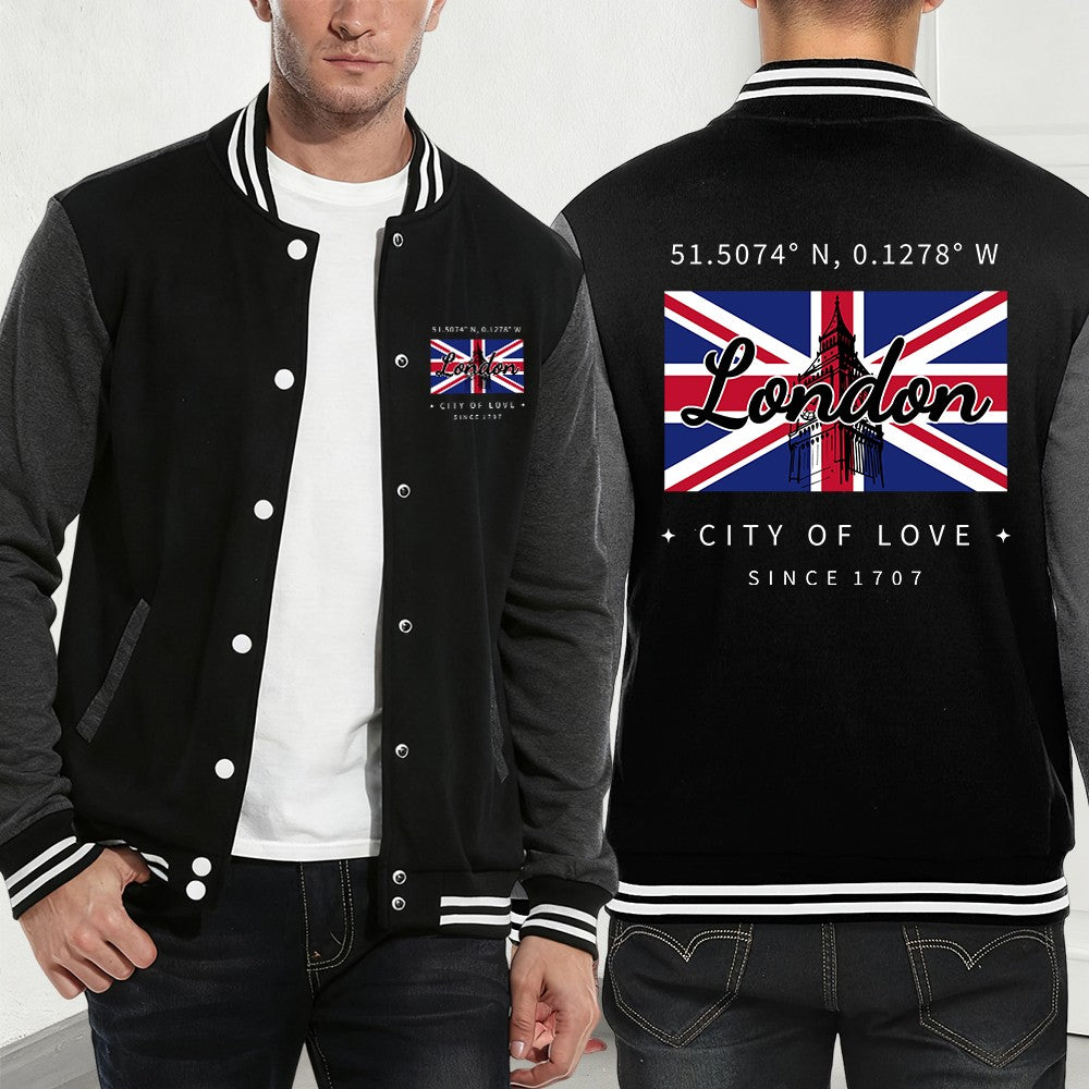 London City Of Love Flagprinting Baseball Coat Mens Winter Pocket Jackets Basics Fleece Warm Tops Street Loose Men'S Clothes