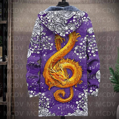 Men's Retro Print Plush Thick Long-Sleeved Coat Cardigan Dragon 3D Prined Fleece Hooded Overcoat Unisex Thick Warm Jacket