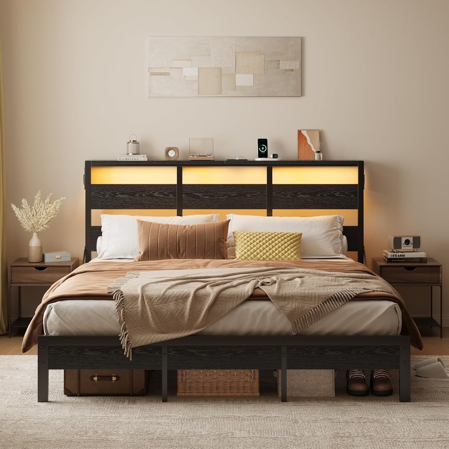 Cama de Casal Completa com Cabeceira de Armazenamento e Estação de Carregamento, Cama de Plataforma Preta com Luz LED, Cama de Metal Antiderrapante