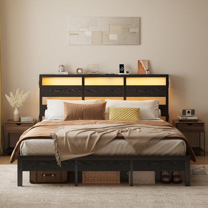 Cama de Casal Completa com Cabeceira de Armazenamento e Estação de Carregamento, Cama de Plataforma Preta com Luz LED, Cama de Metal Antiderrapante