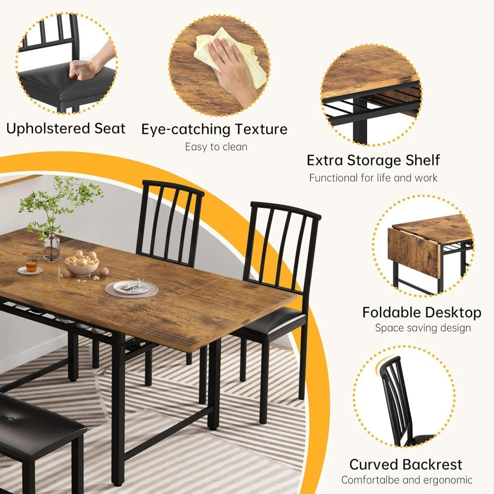 4-Piece Faux Wood Drop Leaf Dining Table with Storage Rack, Space Saving Breakfast Nook Table Set with 2 Backrest Chairs
