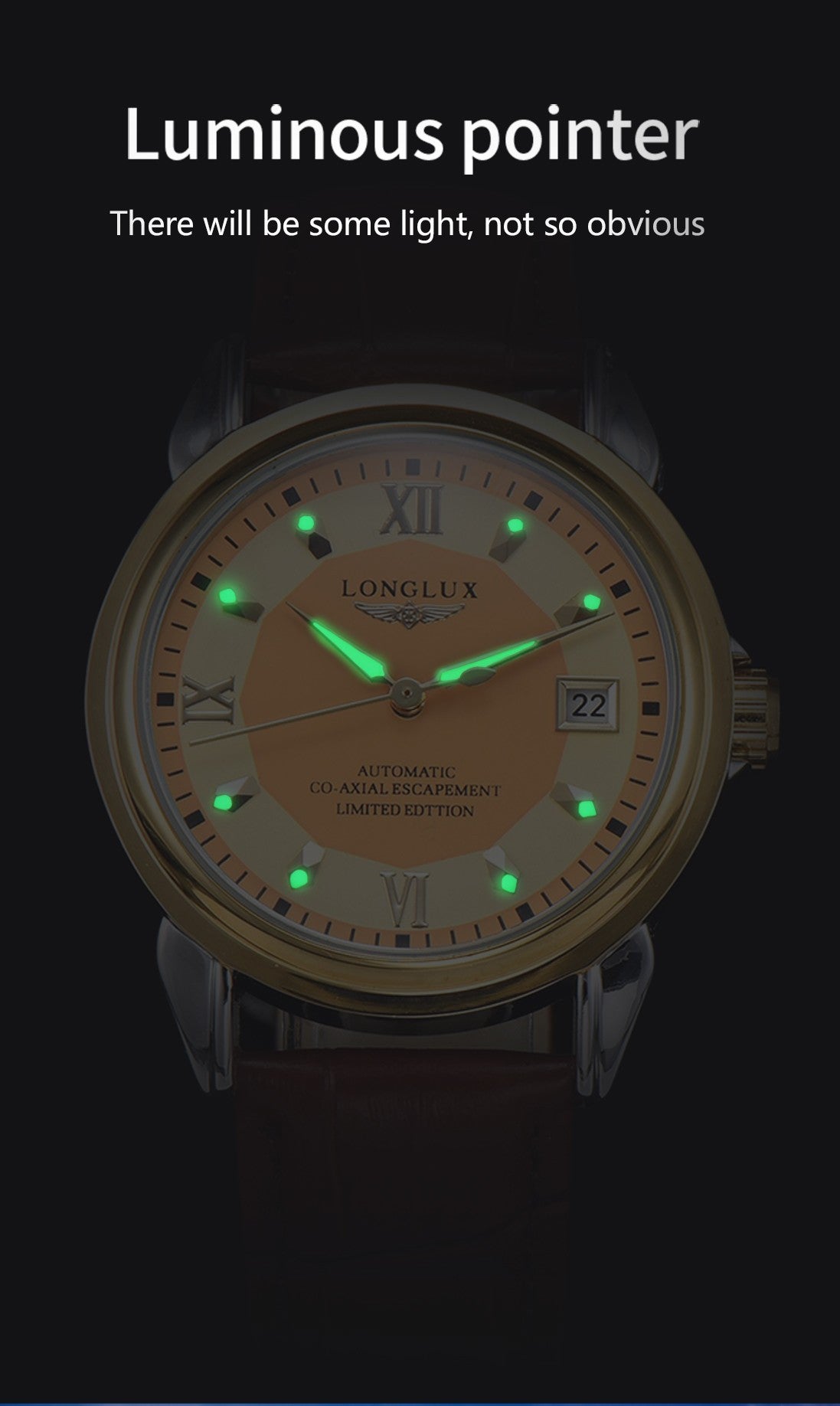 LONGLUX automatic man watch business leisure dating mechanical wristwatches day date waterproof leather  mens watch men gift