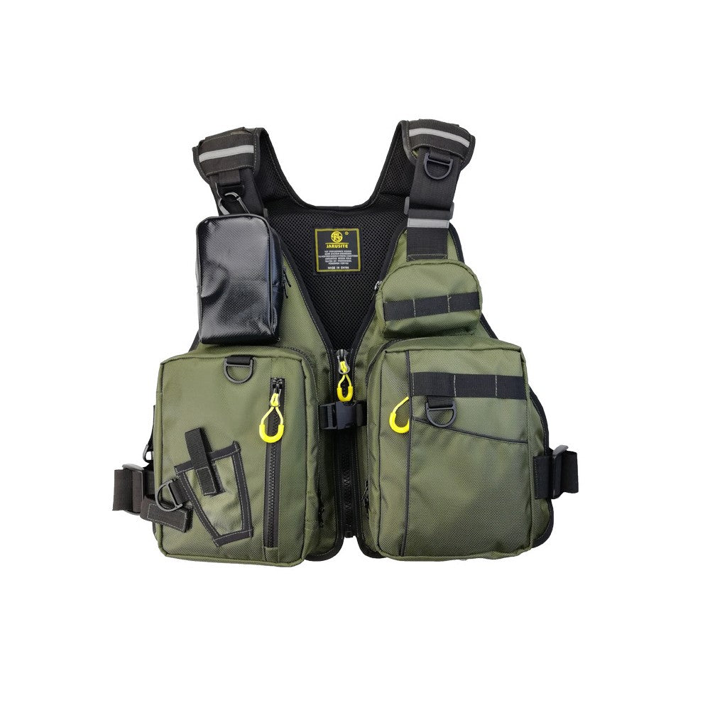 Colete salva-vidas multifuncional para pesca ao ar livre, essencial para a segurança. Vários bolsos para armazenamento, materiais flutuantes
