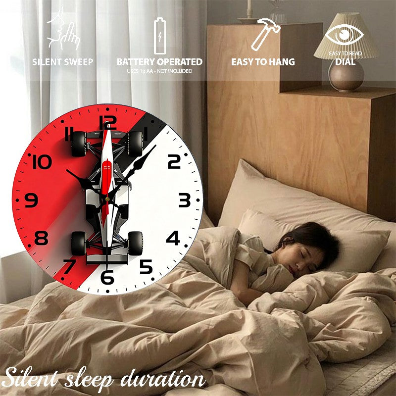 F1 Car Design Wooden Round Silent Hanging Wall Clock, Suitable For Living Room, Office, Study Room, Bedroom, Home Decoration