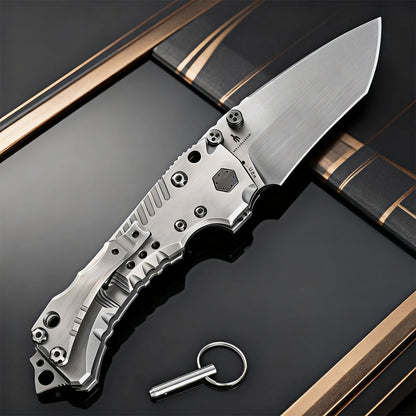 High-end handcrafted heavy-duty folding knife, titanium alloy handle and titanium-baked blue surface, collectible knife, men's g