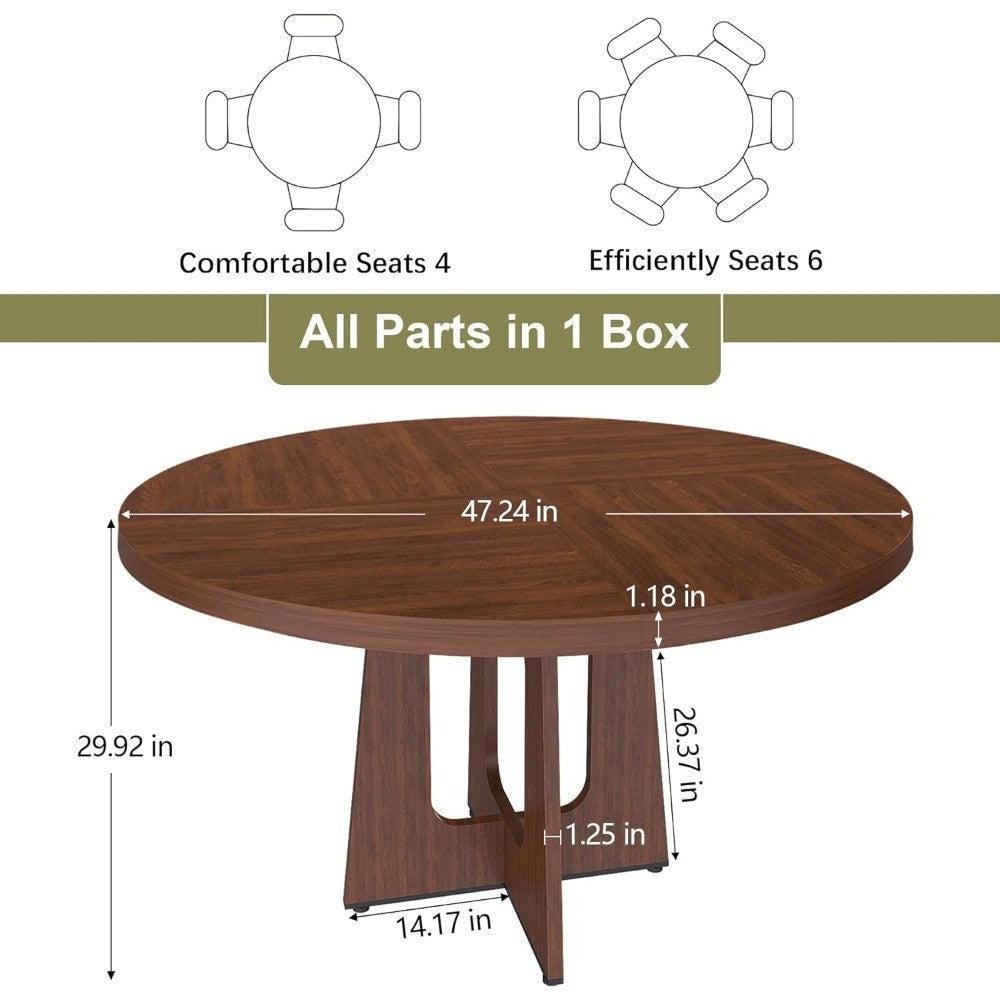 47" Round Dining Table for 4-6, Farmhouse Wood Circular Kitchen Tables, Dark Brown Retro Circle Dinner Table Easy Assembly
