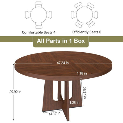 47" Round Dining Table for 4-6, Farmhouse Wood Circular Kitchen Tables, Dark Brown Retro Circle Dinner Table Easy Assembly
